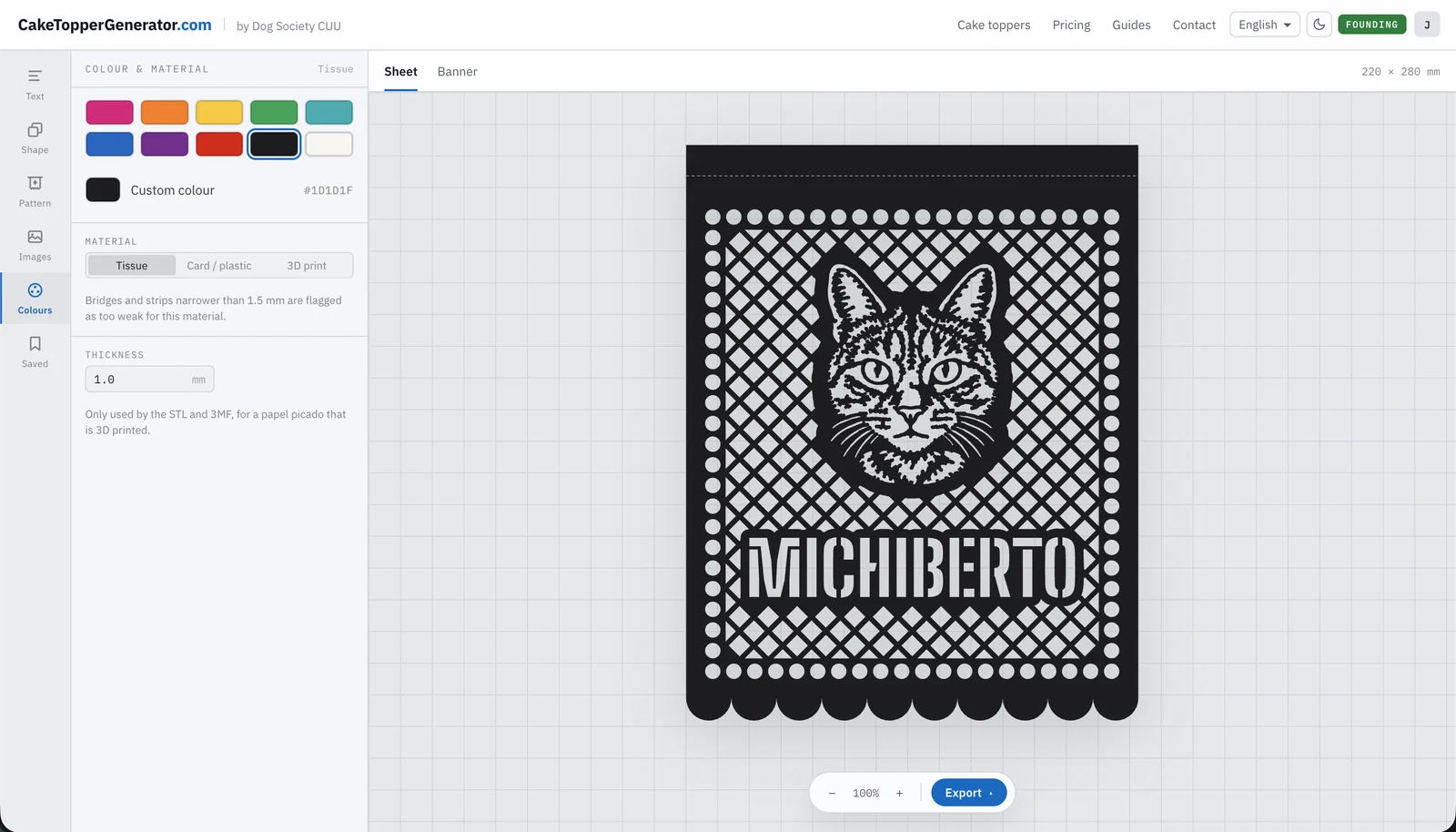 Papel picado generator in CakeTopperGenerator, designing a cat portrait with the name Michiberto