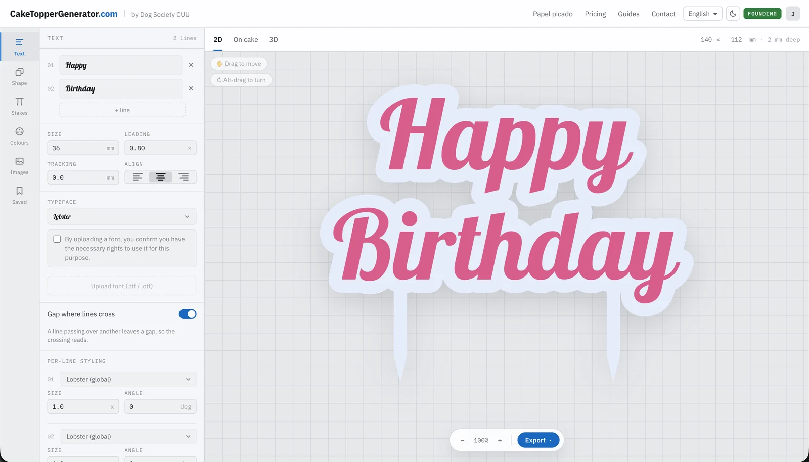 CakeTopperGenerator editor designing a Happy Birthday cake topper